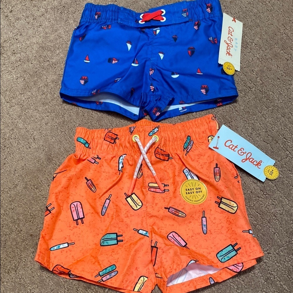 Infant & Toddler Blue, Red &Orange Swim Shorts Bundle NWT Summer Sailboats Beach